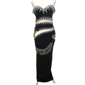 Elegant Chic Black and Sliver Strapless Dress Peek a Boo Lace  Size L Vegas Form